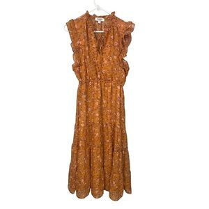 BB Dakota V-neck Prairie Style Orange Ditzy Floral Midi Dress, Small